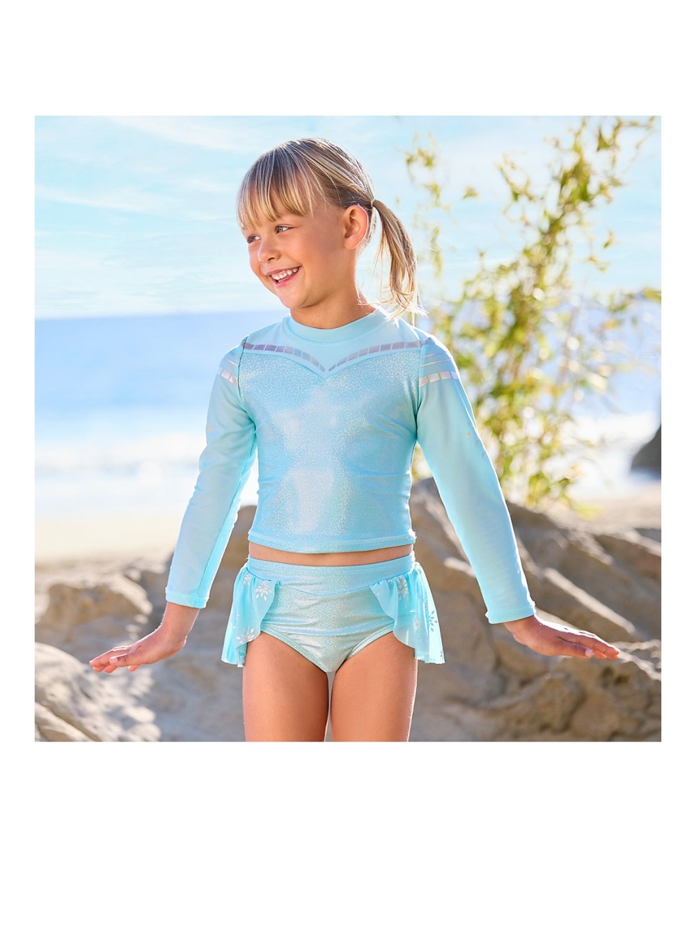 Disney Girls Frozen Elsa Long-Sleeve Swim Rashguard Set